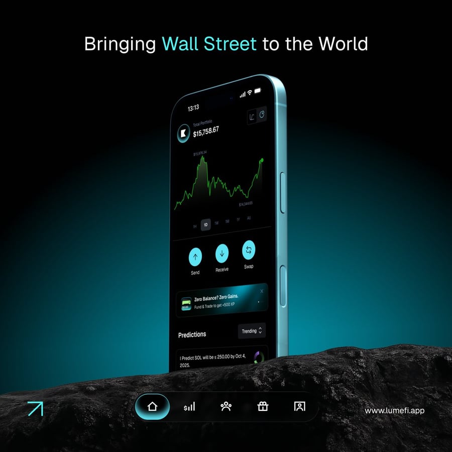 Lume campaign: Bringing Wall Street to the World, showing the mobile portfolio and trading interface