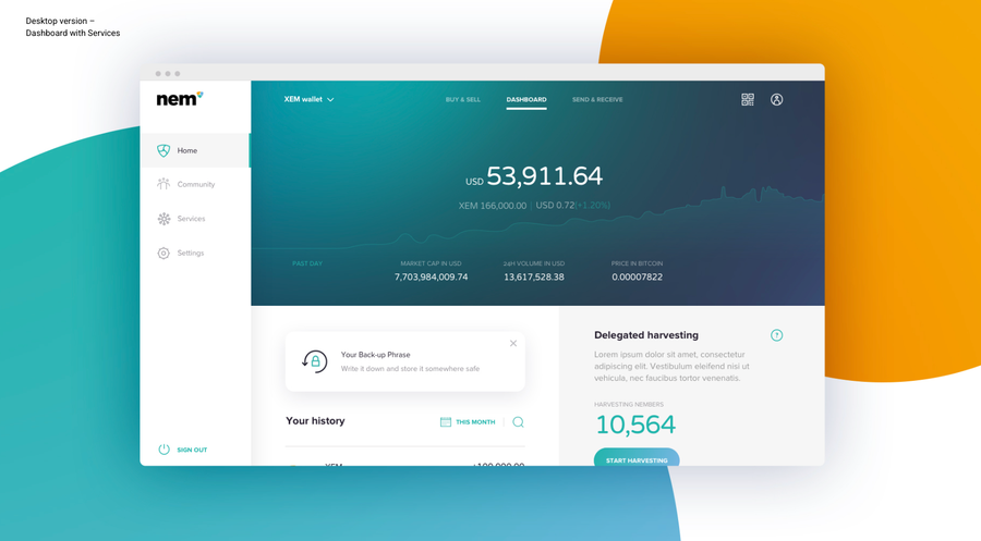 NEM desktop wallet design showing the balance overview, service navigation and delegated harvesting panel