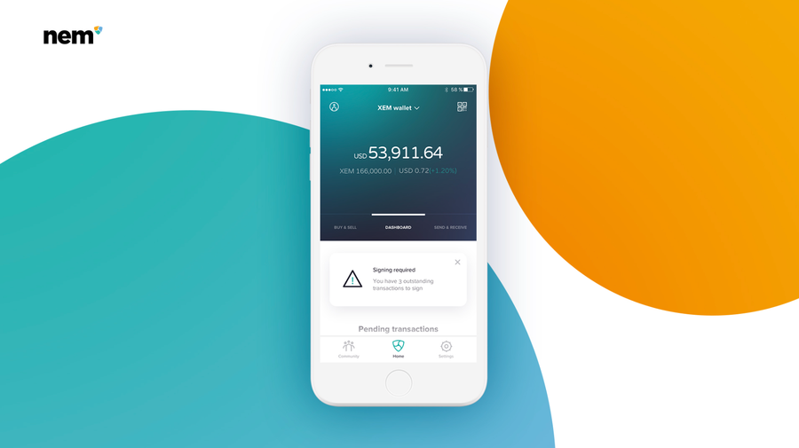 NEM mobile wallet design showing an account balance, pending transactions and a signing prompt